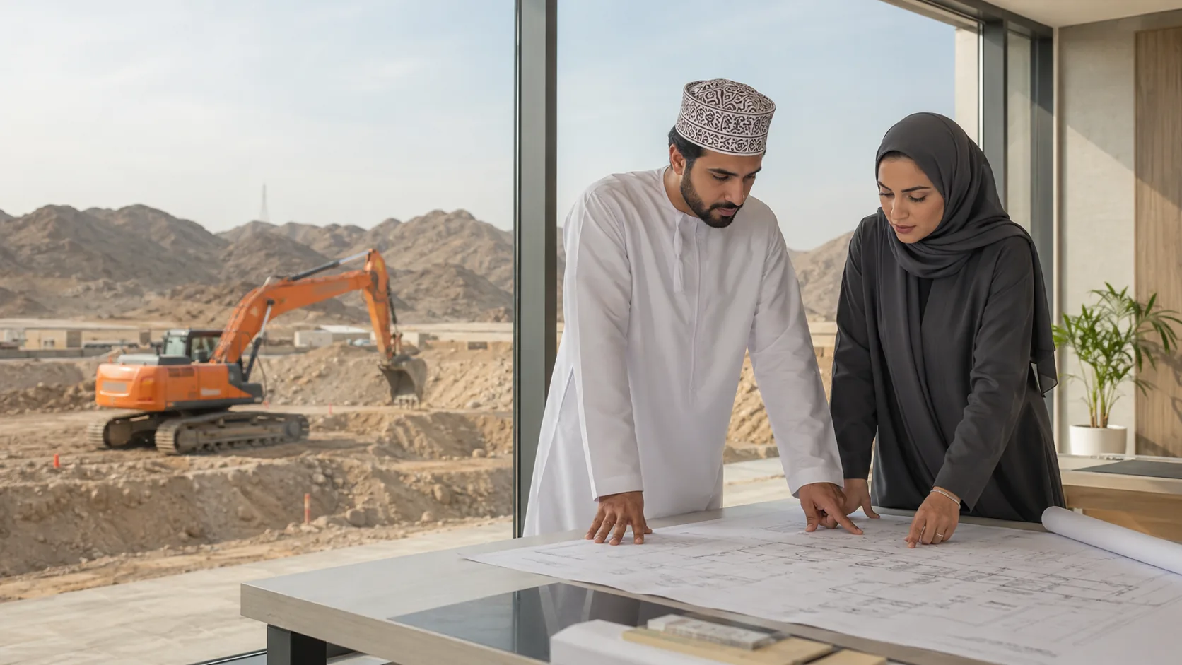Omani professionals reviewing workforce and project plans beside an industrial worksite
